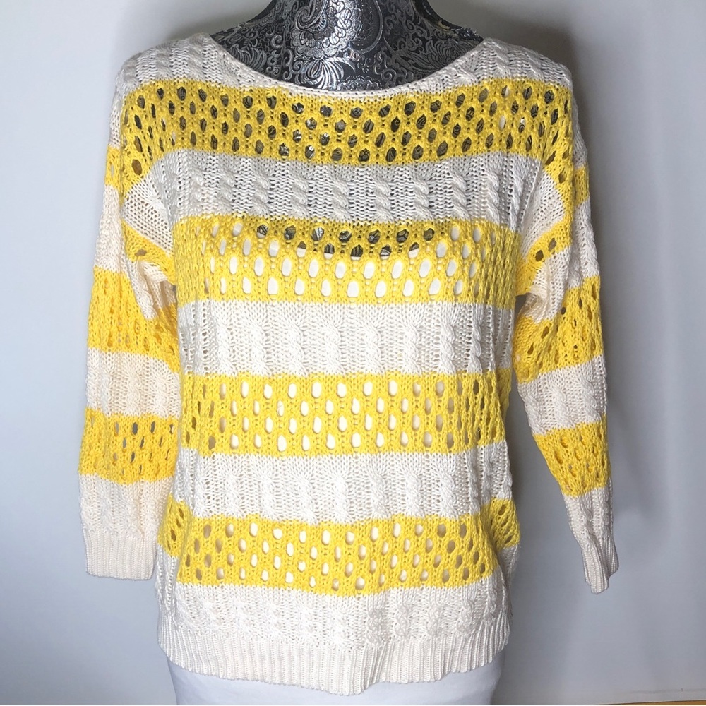 Willi Smith womens cotton blend loose knit crochet yellow cream Sweater small